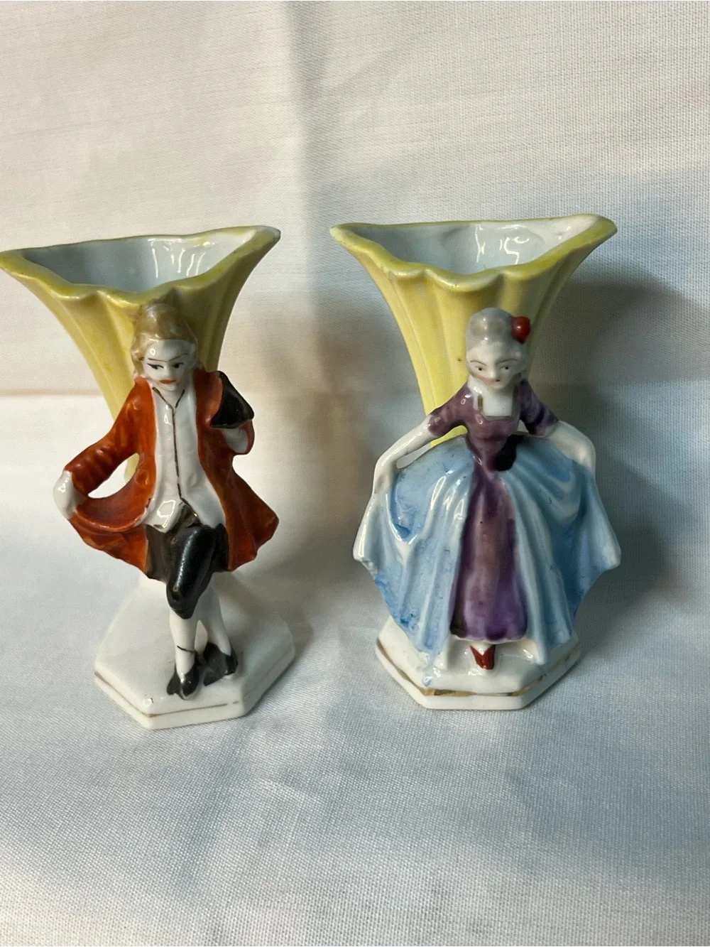 Vintage Hand-Painted Porcelain Colonial Couple Bud Vase
